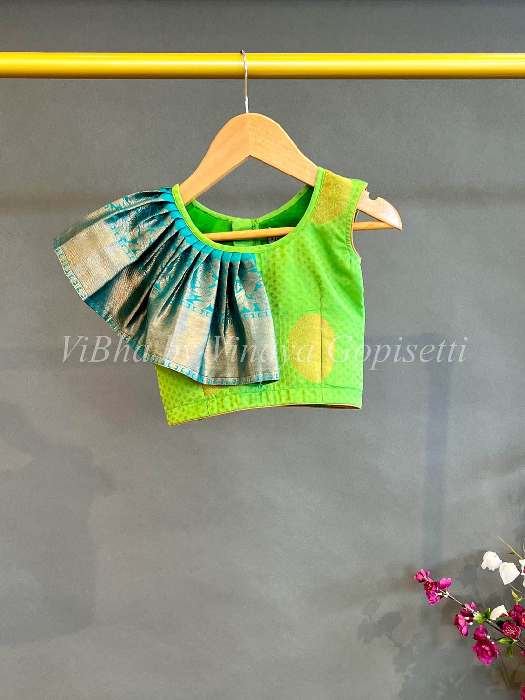 Kids Wear - Parrot Green And Teal Blue Kanchi Silk Skirt And Top