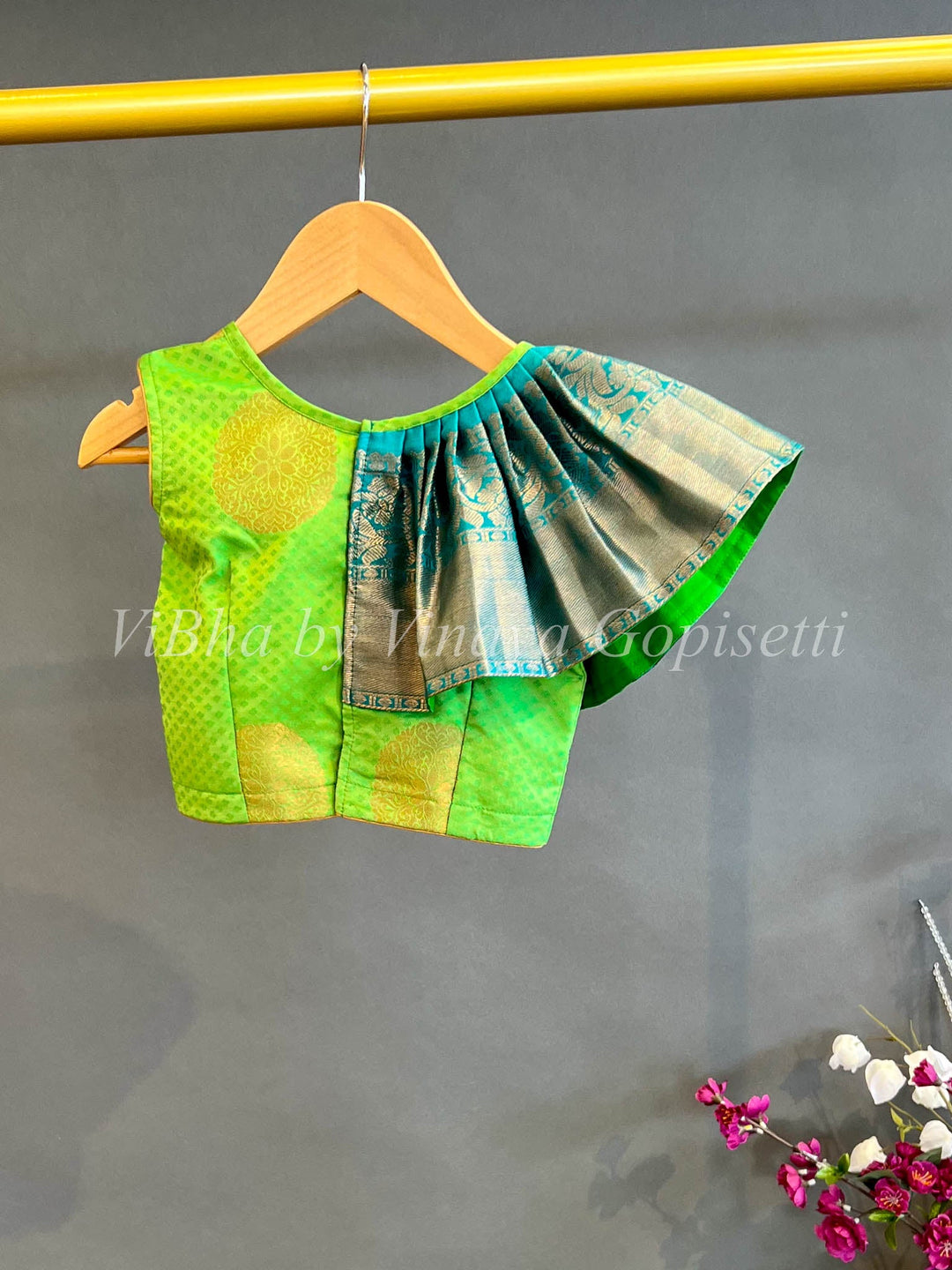 Kids Wear - Parrot Green And Teal Blue Kanchi Silk Skirt And Top