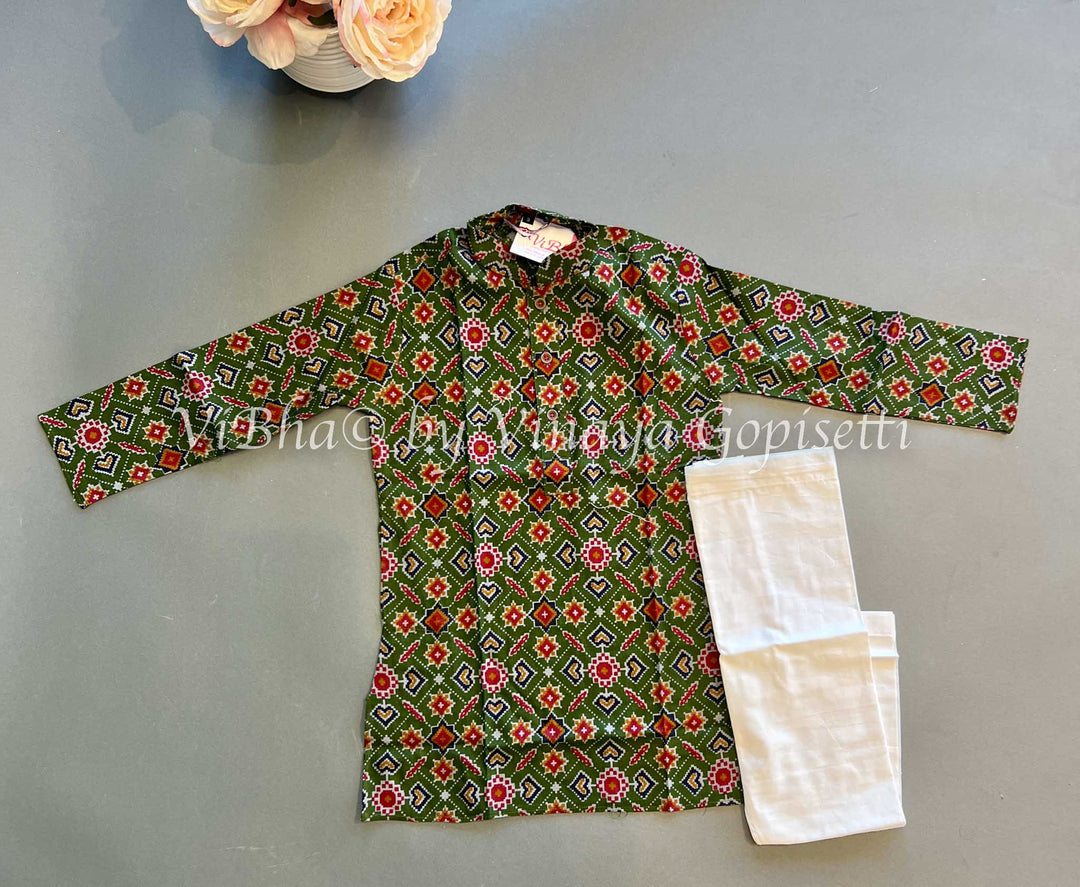 Kids Wear - Patola Handloom Cotton Kurta With Bottom