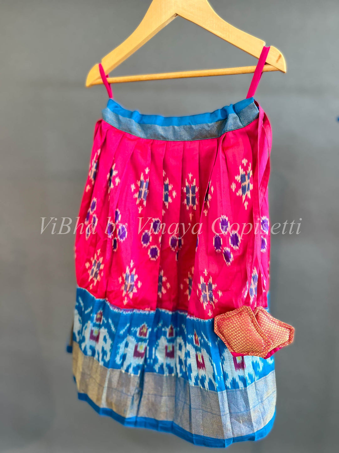 Kids Wear - Pink And Blue Ikkat Silk Skirt And Top