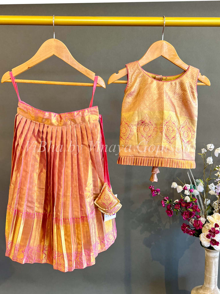 Kids Wear - Pink And Golden Tissue Kanchi Silk Skirt And Top