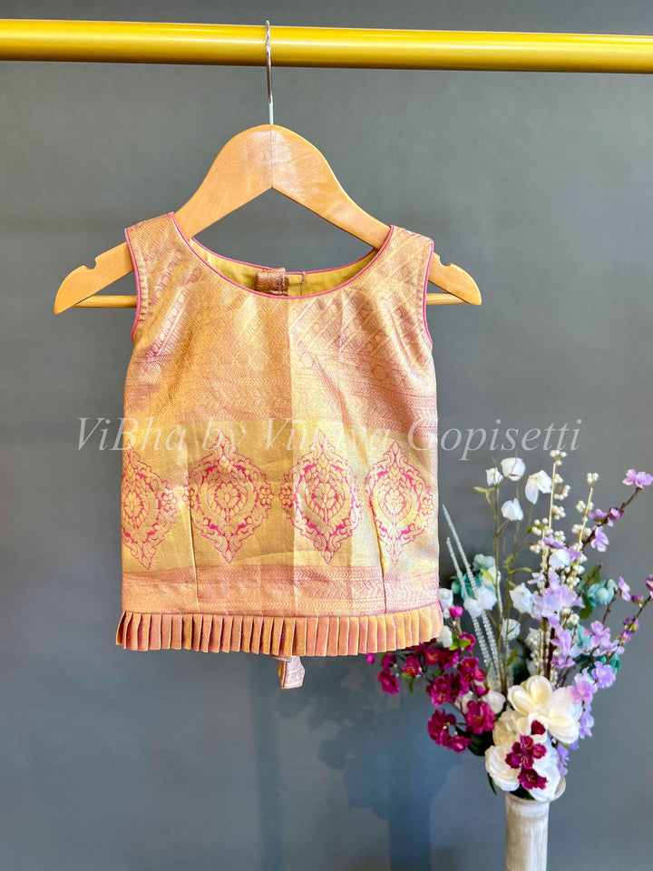 Kids Wear - Pink And Golden Tissue Kanchi Silk Skirt And Top