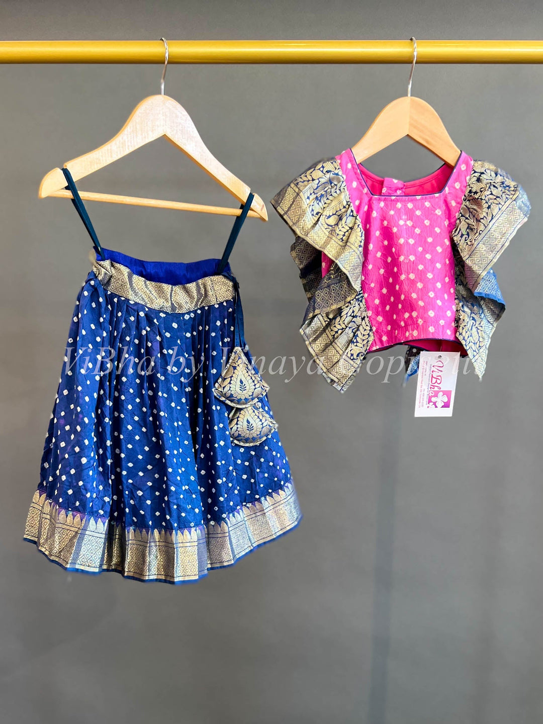 Kids Wear - Pink And Navy Blue Kanchi Bandhani Silk Skirt And Top