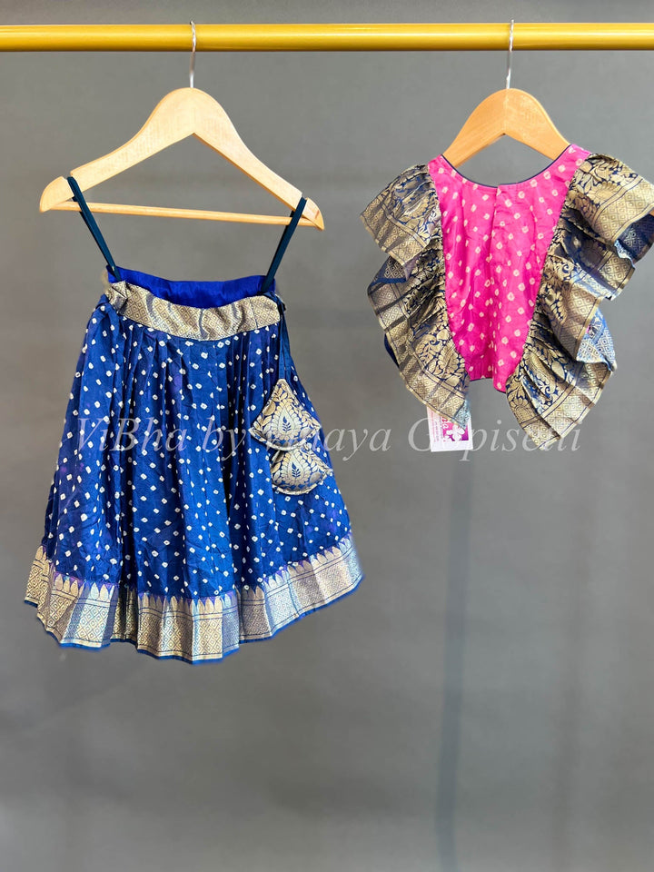 Kids Wear - Pink And Navy Blue Kanchi Bandhani Silk Skirt And Top