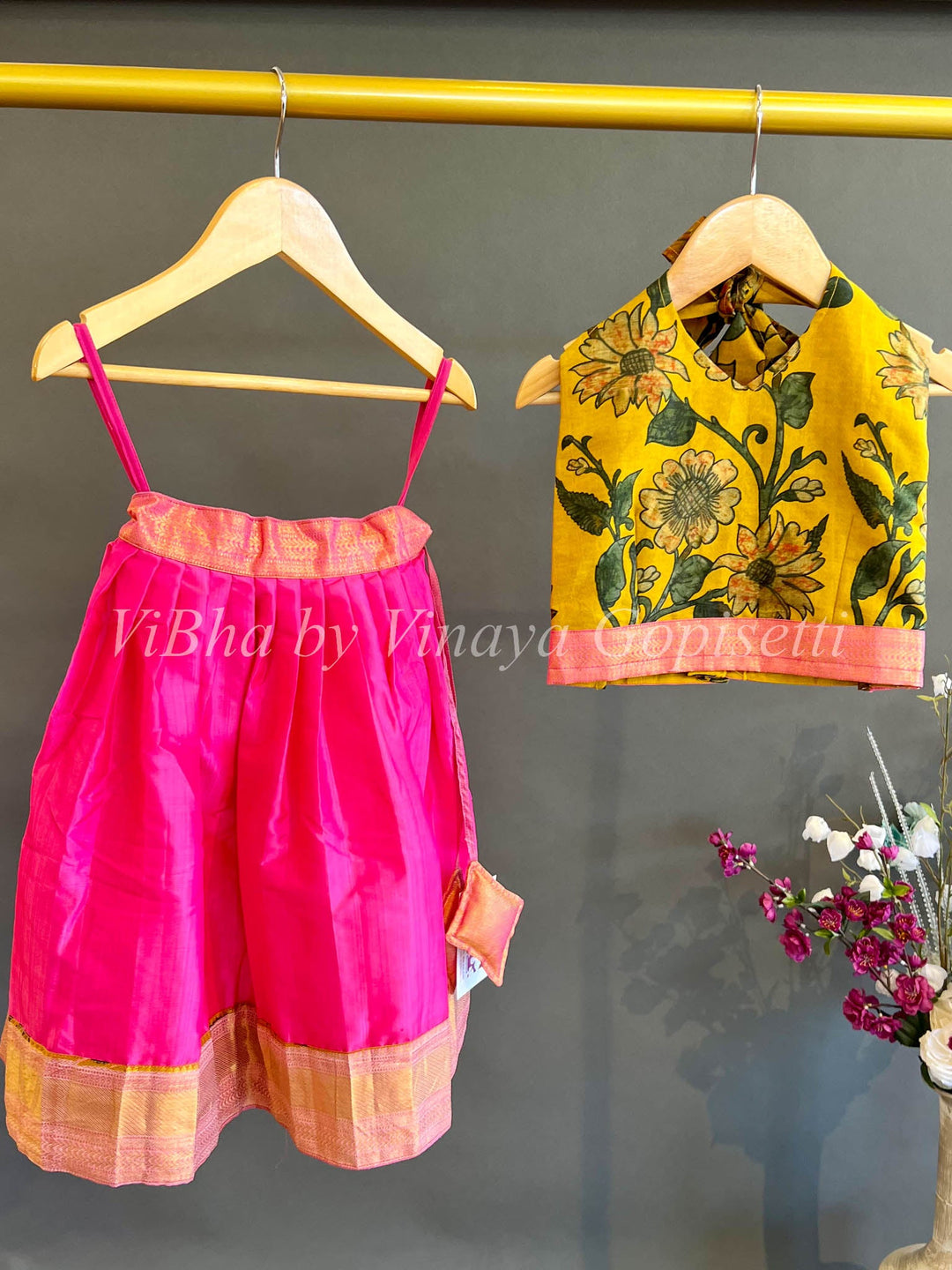 Kids Wear - Pink And Yellow Kanchi Penkalamkari Skirt And Top