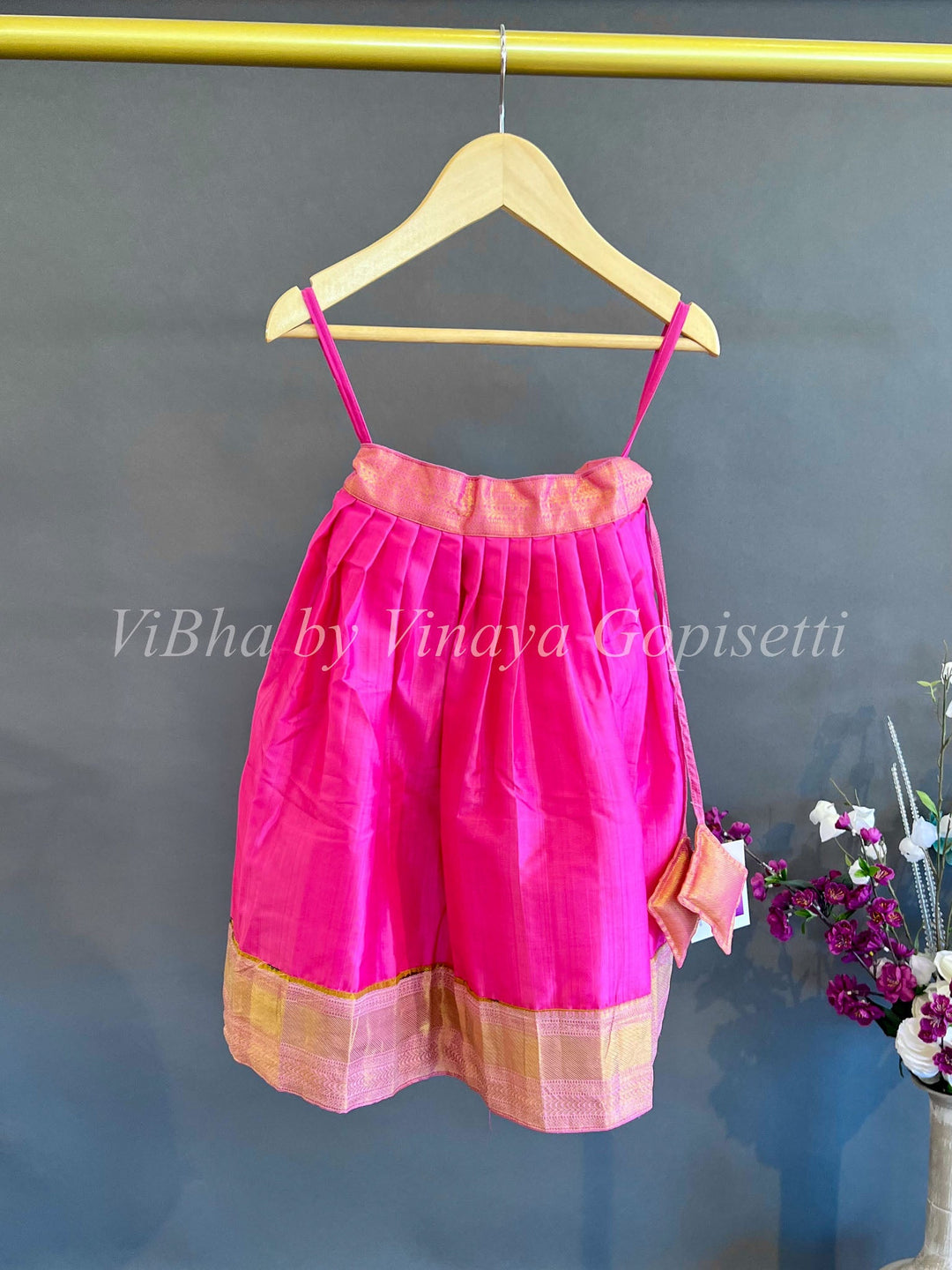 Kids Wear - Pink And Yellow Kanchi Penkalamkari Skirt And Top