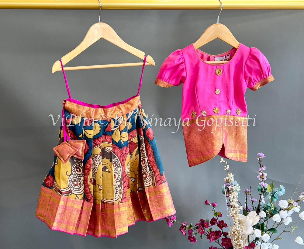 Kids Wear - Pink Kanchi Pen Kalamkari Skirt And Top