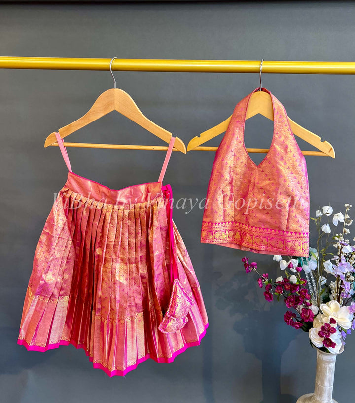 Kids Wear - Pink Tissue Kanchi Silk Skirt And Top