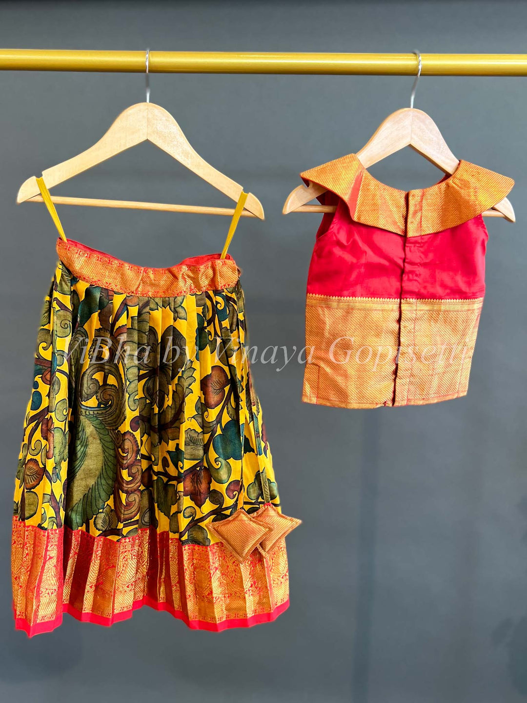 Kids Wear - Red And Yellow Kanchi Penkalamkari Skirt And Top
