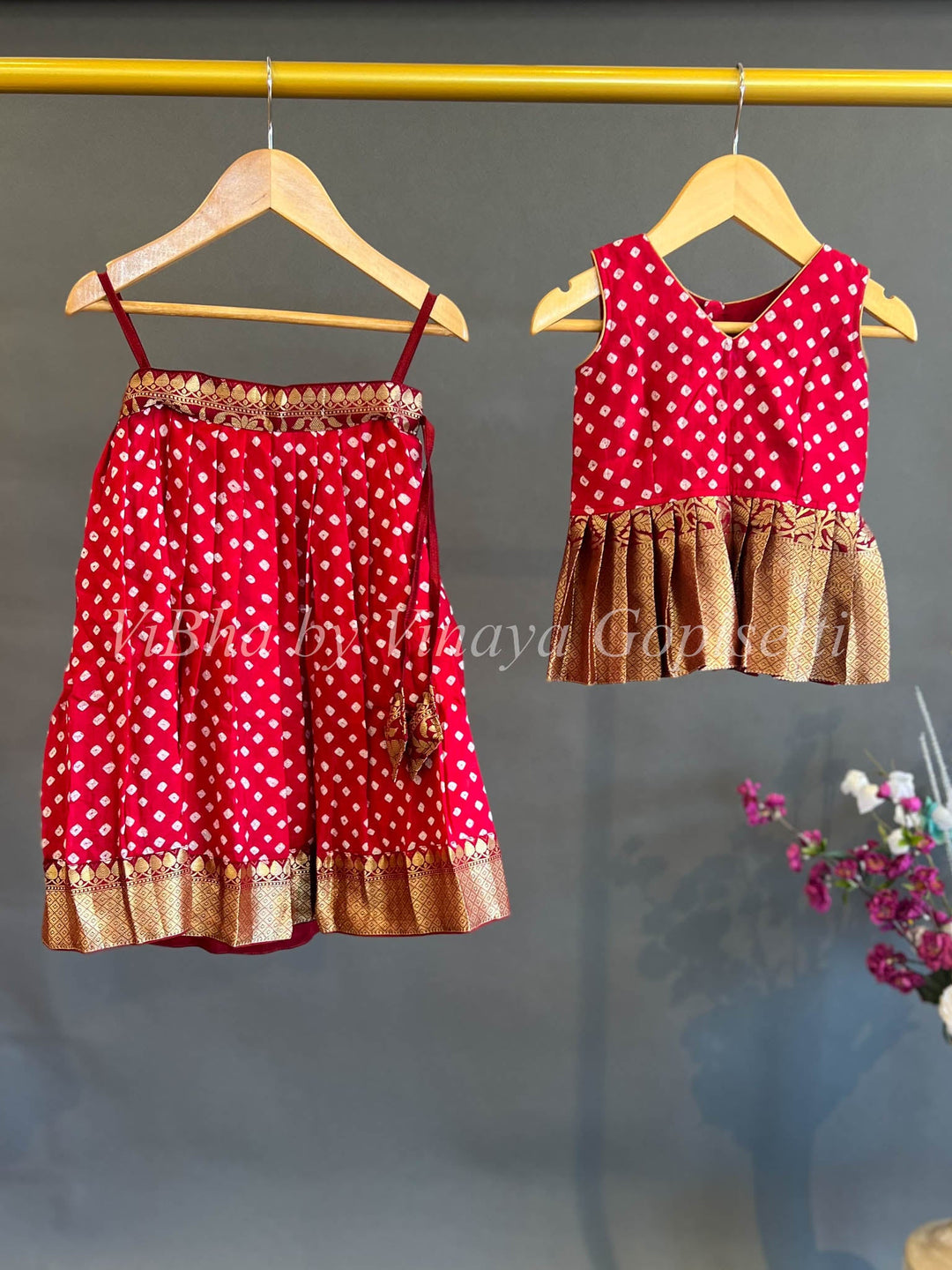 Kids Wear - Red Kanchi Bandhani Skirt And Top