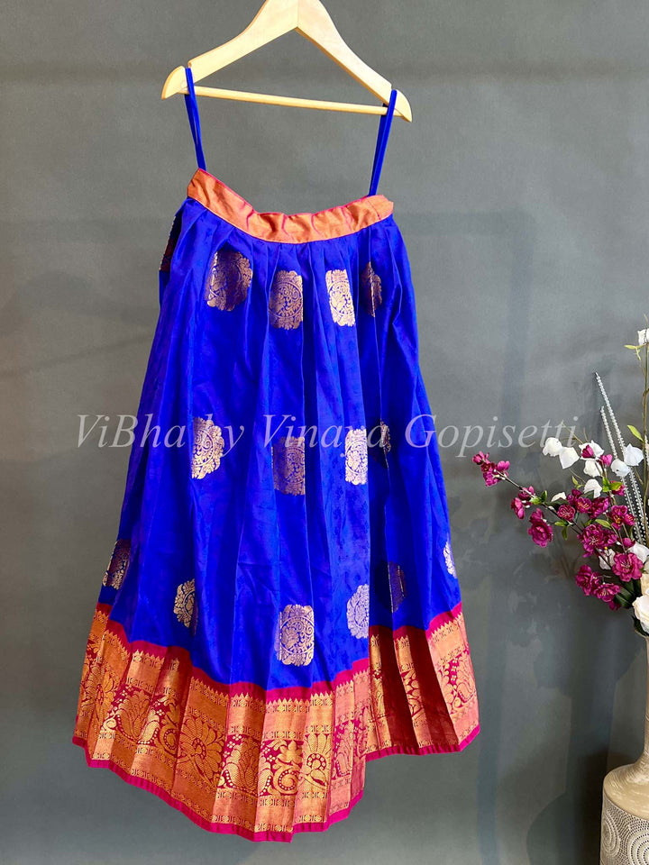 Kids Wear - Royal Blue And Magenta Kanchi Silk Skirt And Top