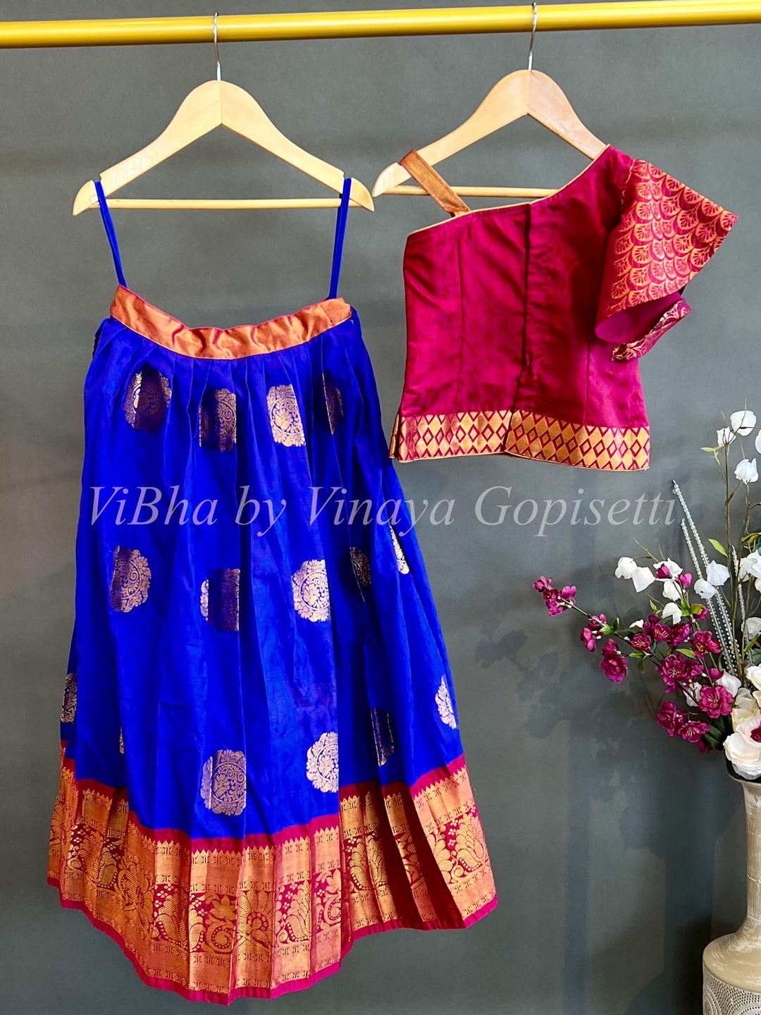 Kids Wear - Royal Blue And Magenta Kanchi Silk Skirt And Top