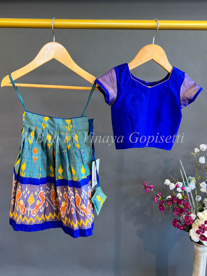 Kids Wear - Royal Blue And Sky Blue Ikkat SIlk Skirt And Top