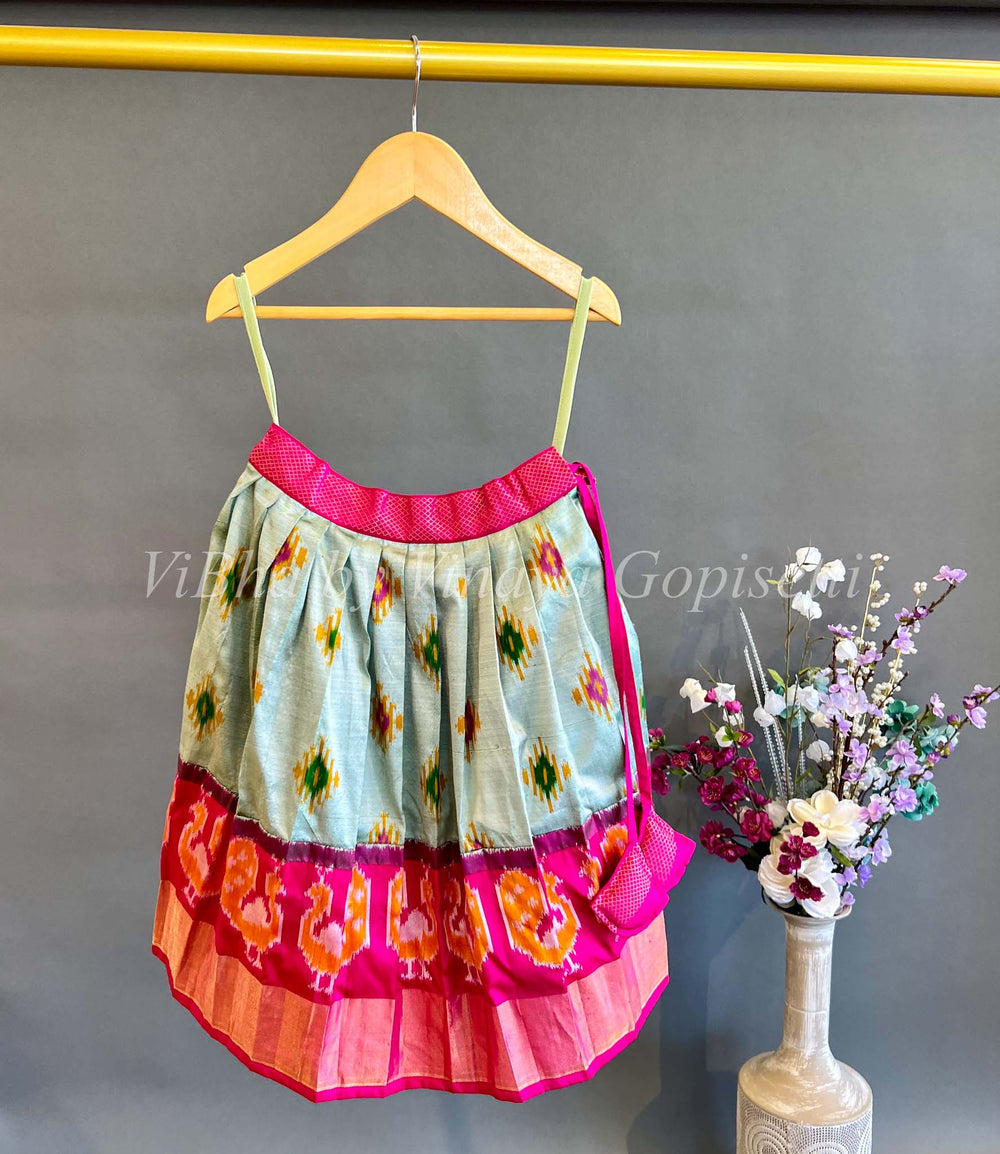 Kids Wear - Sage Green And Pink Ikkat Silk Skirt And Top