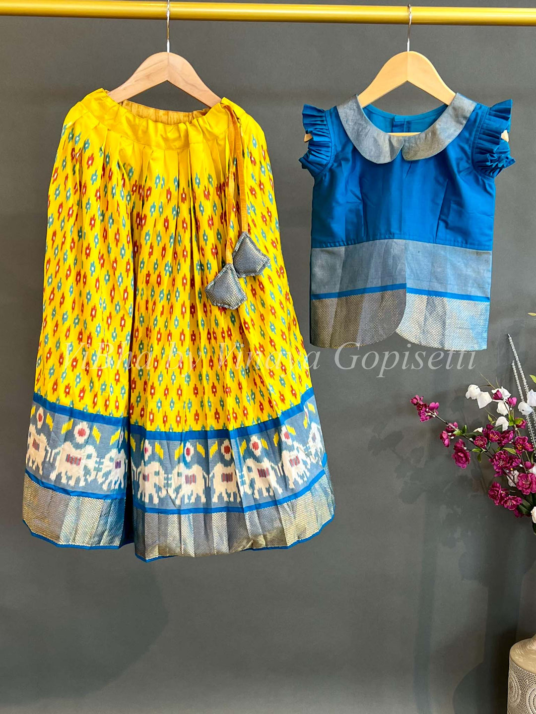 Kids Wear - Yellow And Azure Blue Ikkat Silk Skirt And Top