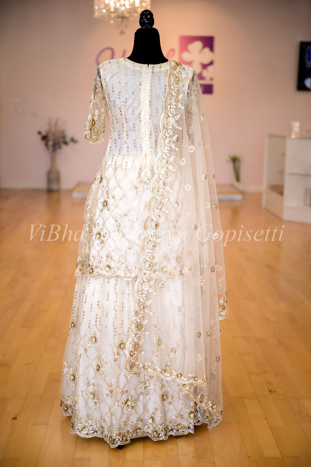 Lehengas - Ivory White Long Top Lehenga Set In Net With Resham Zari And Crystals Embroidery