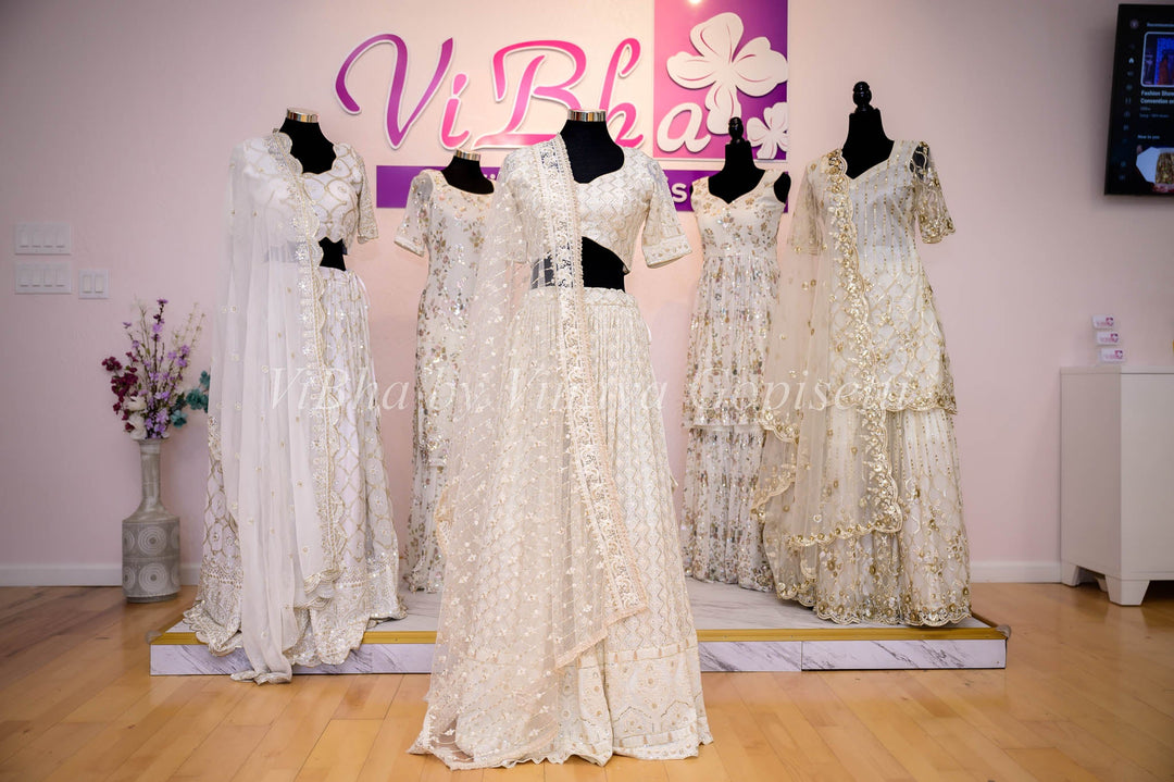 Lehengas - Ivory White Sharara In Gorgette With Silver Zari And Sequins Embroidery With Net Dupatta