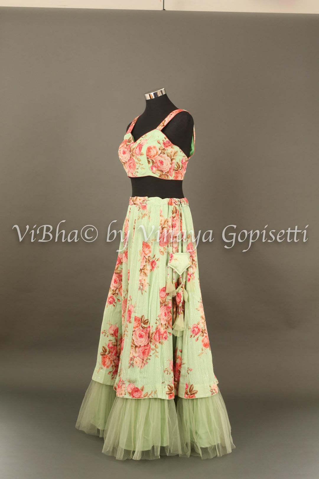 Lehengas - Mint Green Floral Shimmery Georgette Skirt Croptop