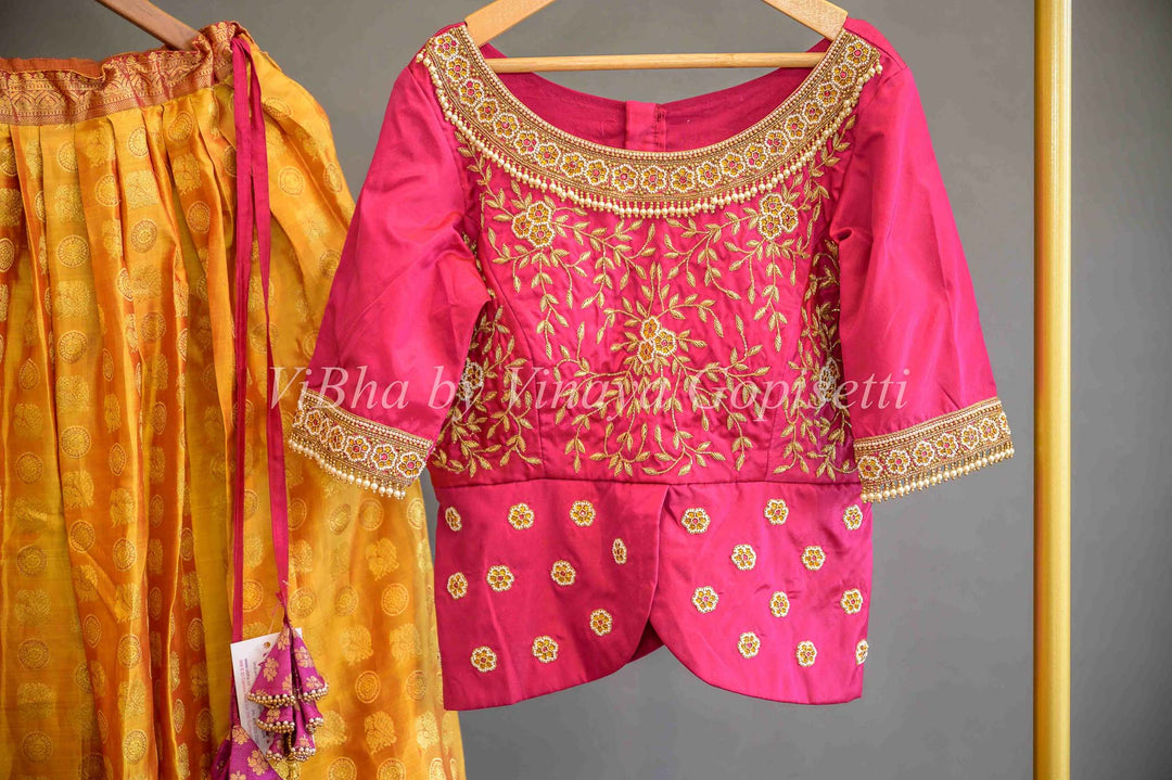 Lehengas - Mustard Yellow & Rani Pink Kanchi Silk Lehenga With Long Blouse And Waist Belt