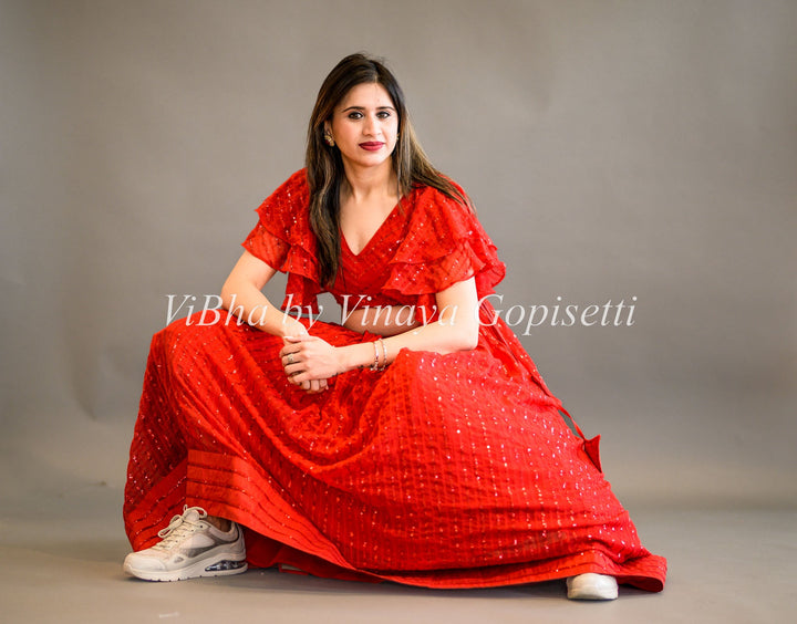 Lehengas - Red Georgette Skirt And Crop Top With Ruffle Sleeves