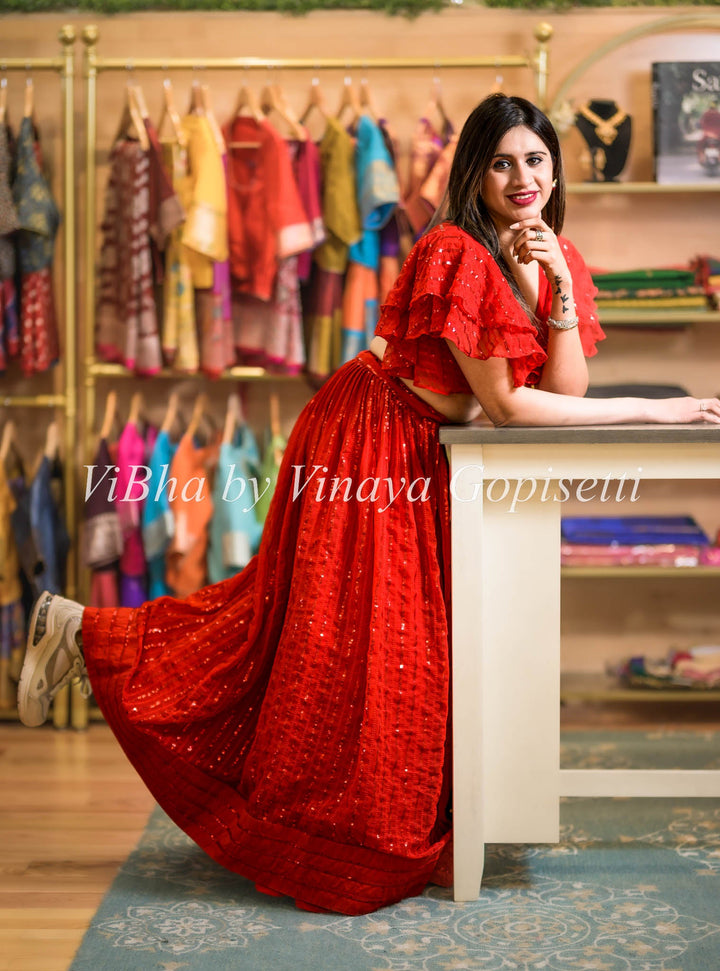 Lehengas - Red Georgette Skirt And Crop Top With Ruffle Sleeves