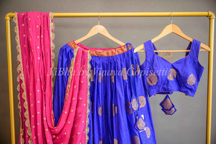 Lehengas - Royal Blue And Pink Kanchi Silk Halfsaree
