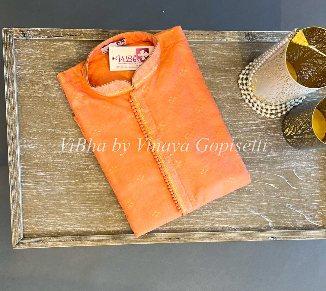 Men's Wear - Apricot Color Embellished Neck Silk Kurta And Bottom