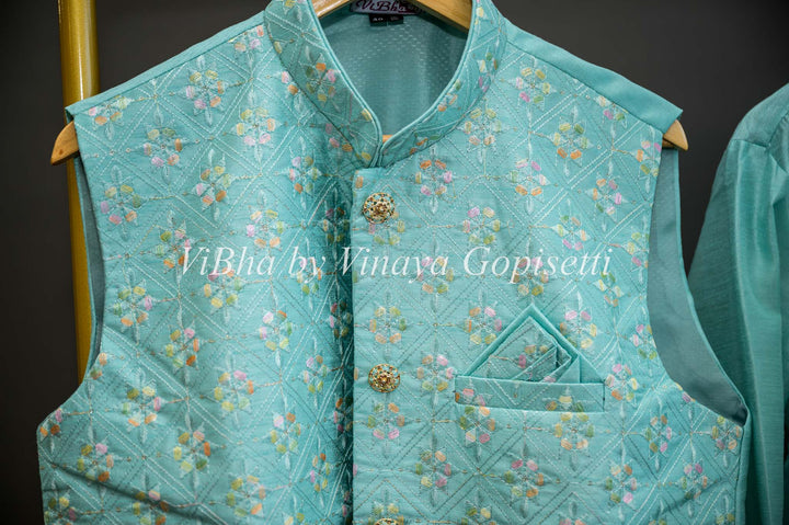 Men's Wear - Aqua Color Kurta And Bottom With Thread Embroidered Vest