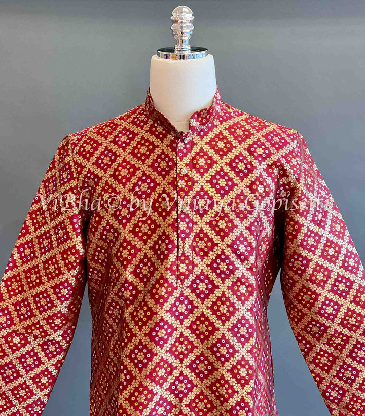 Men's Wear - Benares Bandhej Silk Kurta With Bottom
