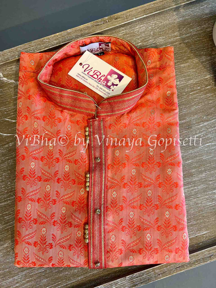 Men's Wear - Coral Embellished Neck Line Kurta With Bottom