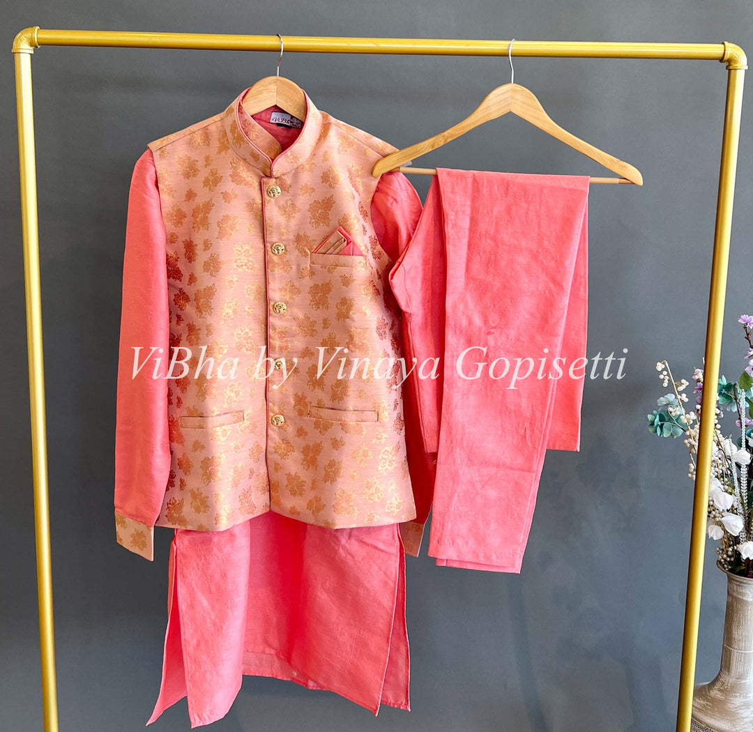 Men's Wear - Coral Kurta With Bottom And Peach Vest