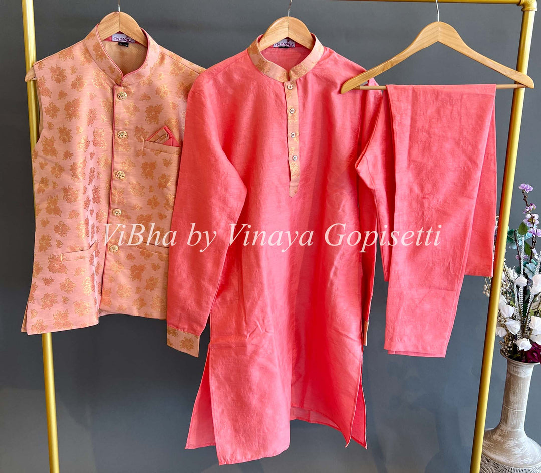Men's Wear - Coral Kurta With Bottom And Peach Vest