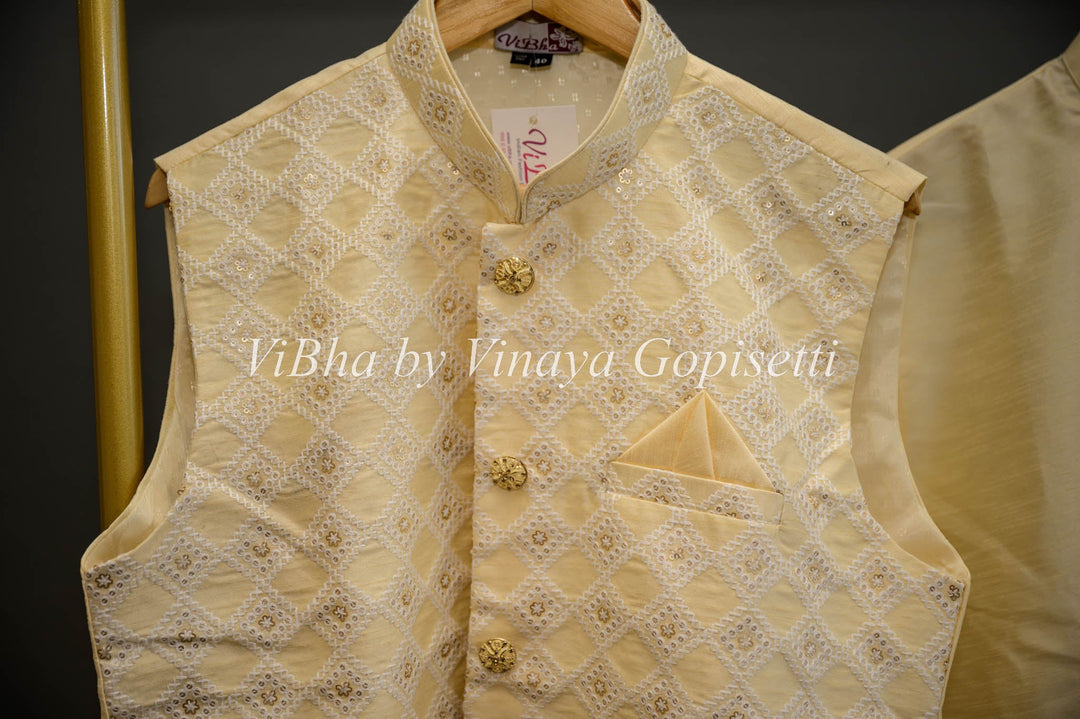 Men's Wear - Custard Yellow Kurta With Bottom And Embroidered Vest