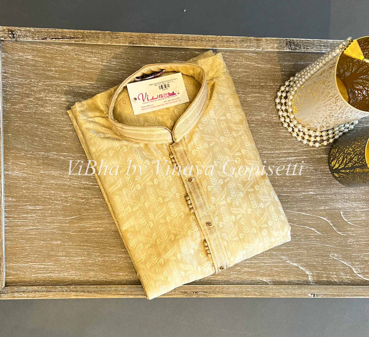 Men's Wear - Gold Color Embellished Neck Silk Kurta And Bottom