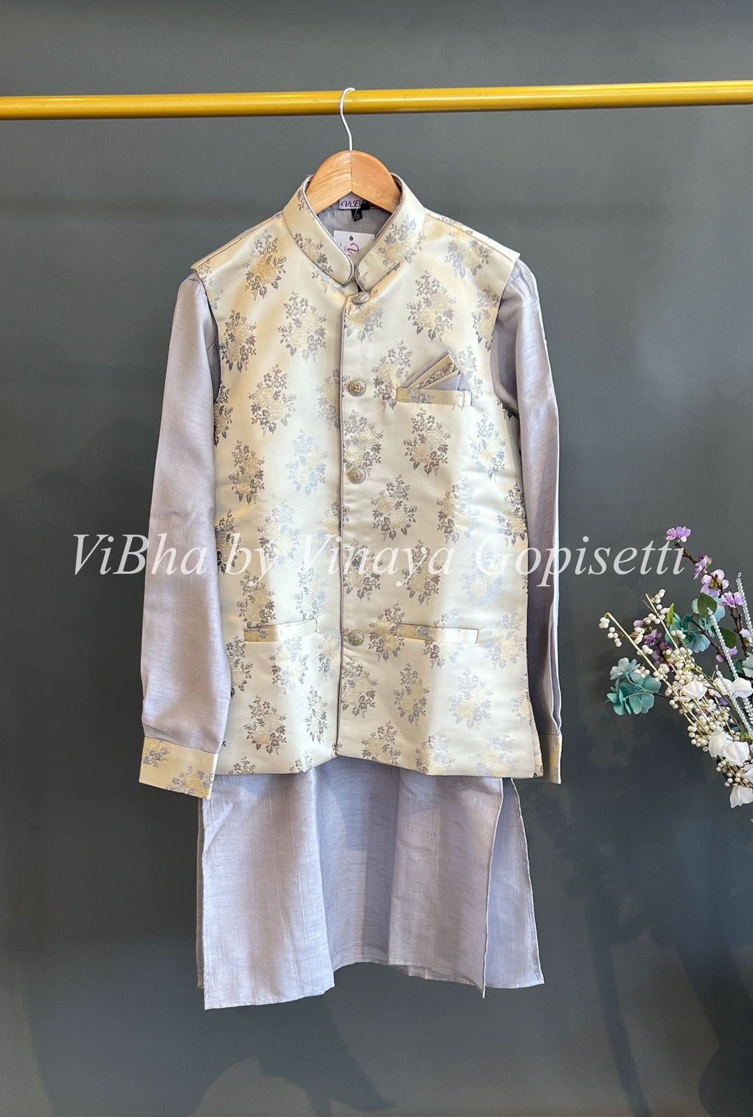 Men's Wear - Grey Kurta And Bottom With Gold Printed Vest