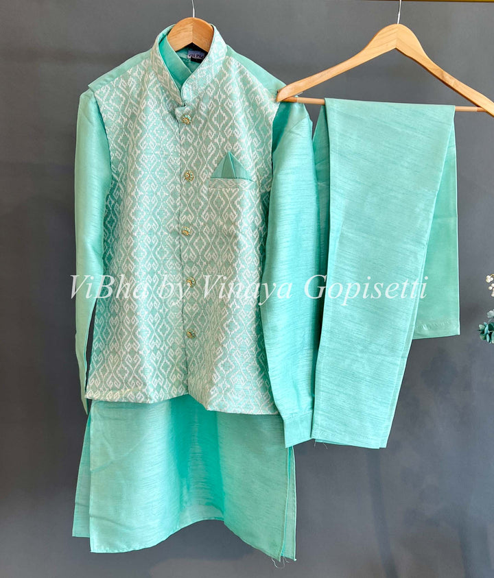 Men's Wear - Turquoise Color Kurta And Bottom With Vest