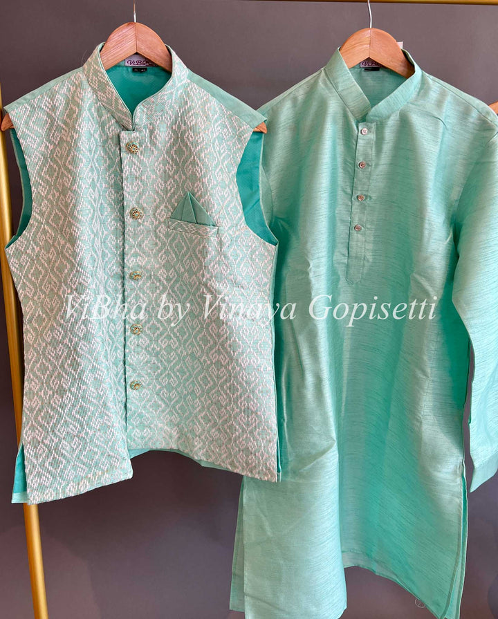 Men's Wear - Turquoise Color Kurta And Bottom With Vest