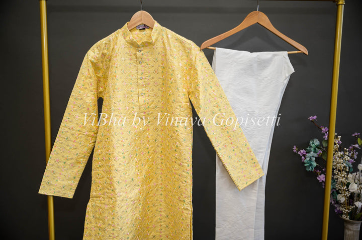 Men's Wear - Yellow Floral Thread Embroidered Kurta With Bottom