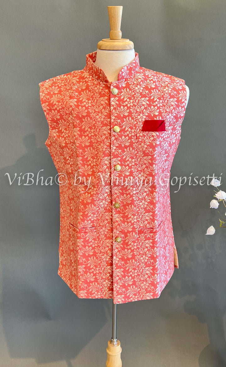 Mens Wear - Coral Benares Brocade Vest