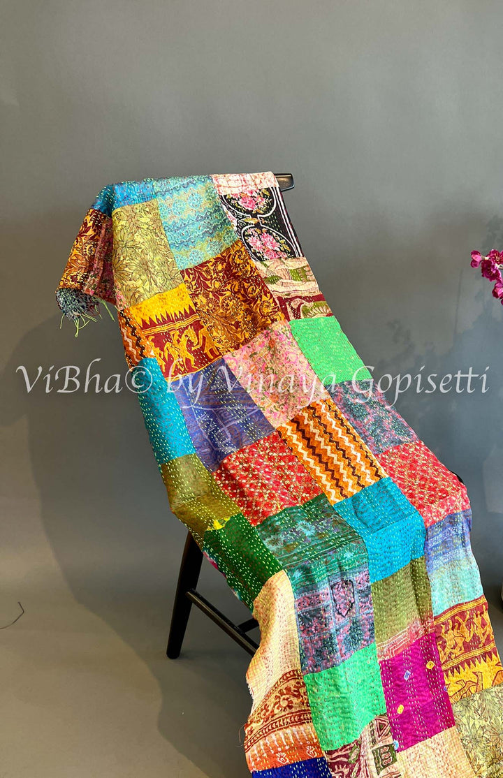 Mens Wear - Multi Color Applique Kantha Work Reversible Stole