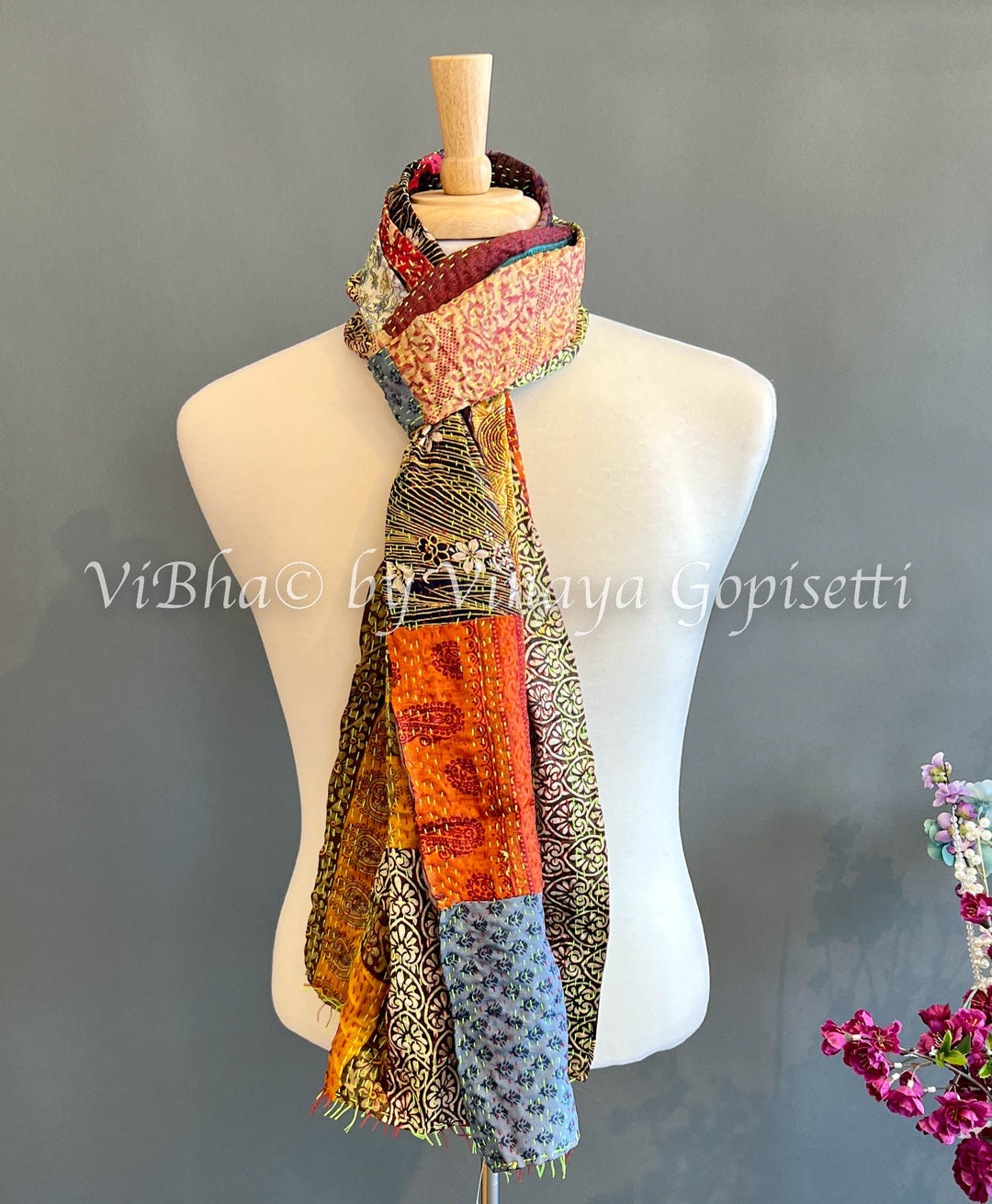 Mens Wear - Multi Color Applique Kantha Work Reversible Stole