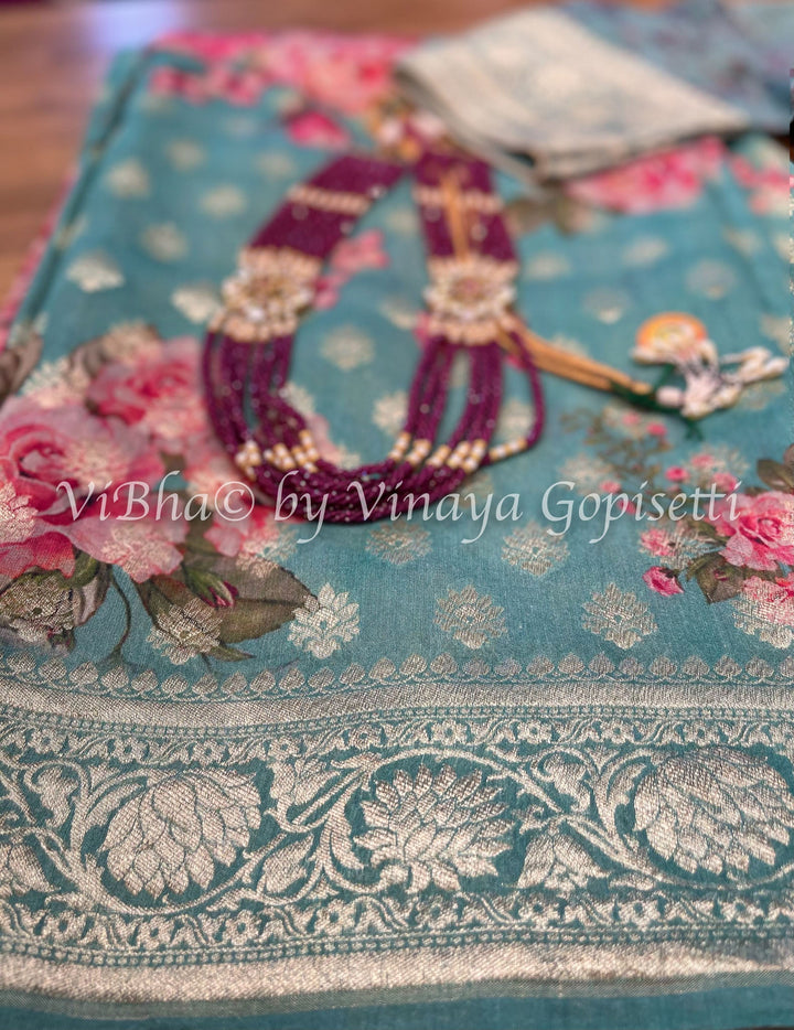 Muga Silk Floral Saree - Light Teal Muga Silk Floral Saree With Blouse
