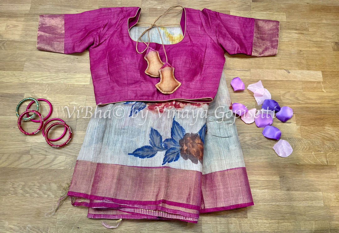 SAREE - Ash And Pink Tussar Silk Block Print Saree