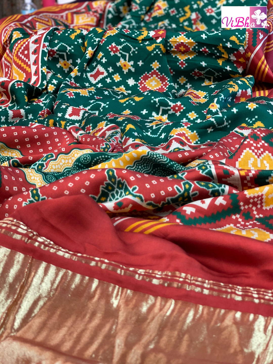 Green and Red Modal Silk Patola Print Saree and Blouse