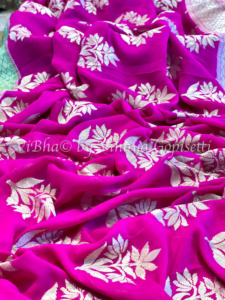 Saree - Hot Pink And Green Benares Georgette Jaal Weave Saree