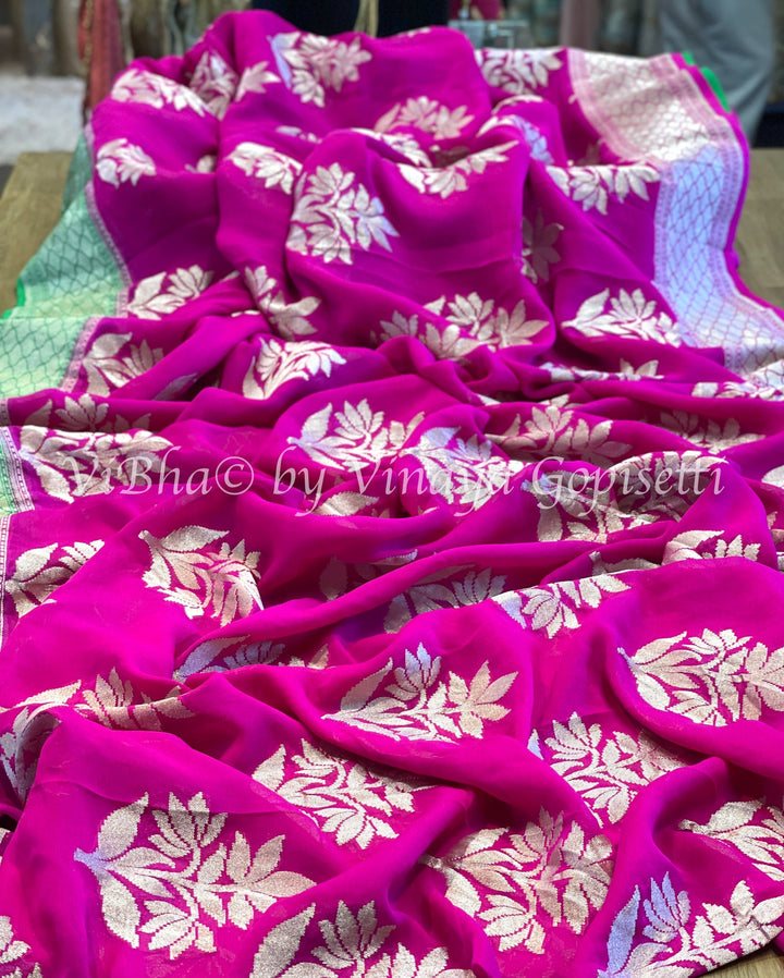 Saree - Hot Pink And Green Benares Georgette Jaal Weave Saree