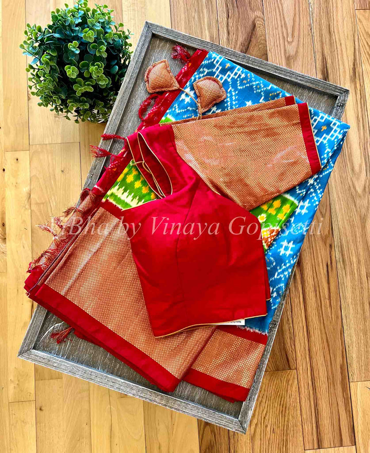 Saree - Ikkat Twill Light Blue And Red Small Border