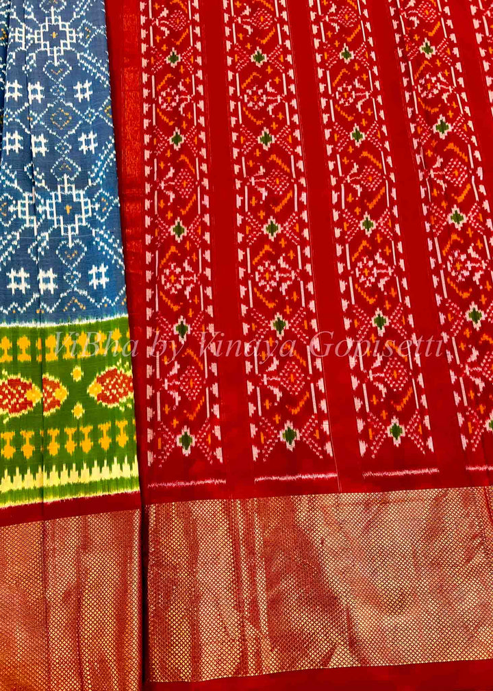 Saree - Ikkat Twill Light Blue And Red Small Border