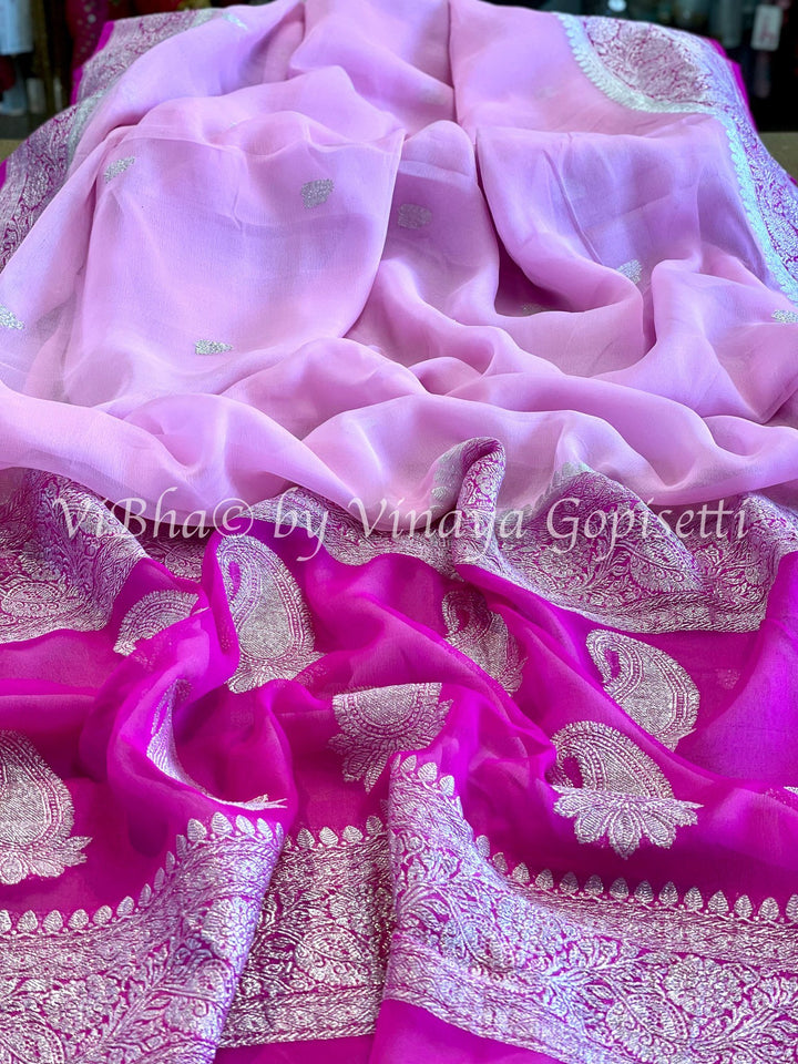 Saree - Light Pink And Dark Pink Chiffon - Contrast Beares Saree