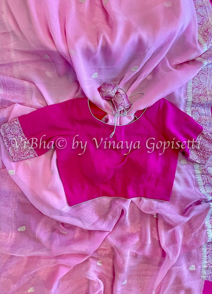 Saree - Light Pink And Dark Pink Chiffon - Contrast Beares Saree